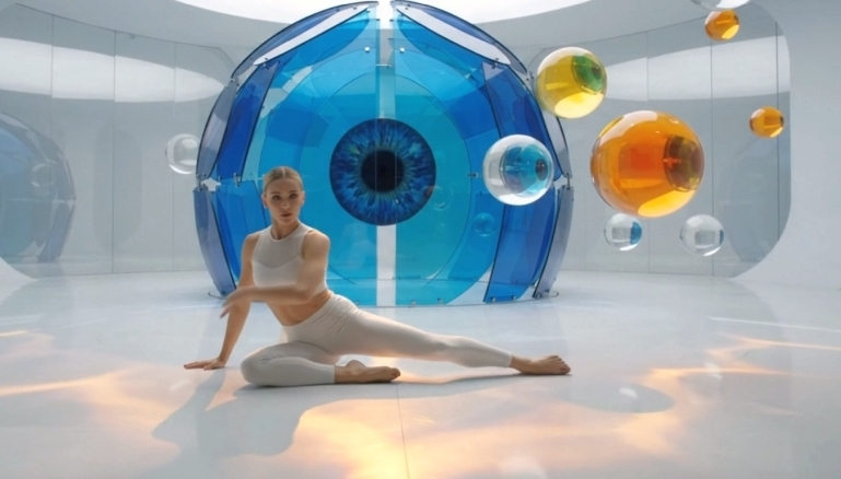 Human figure inside a white architectural-like environment with a large blue circular form and suspended translucent spheres.