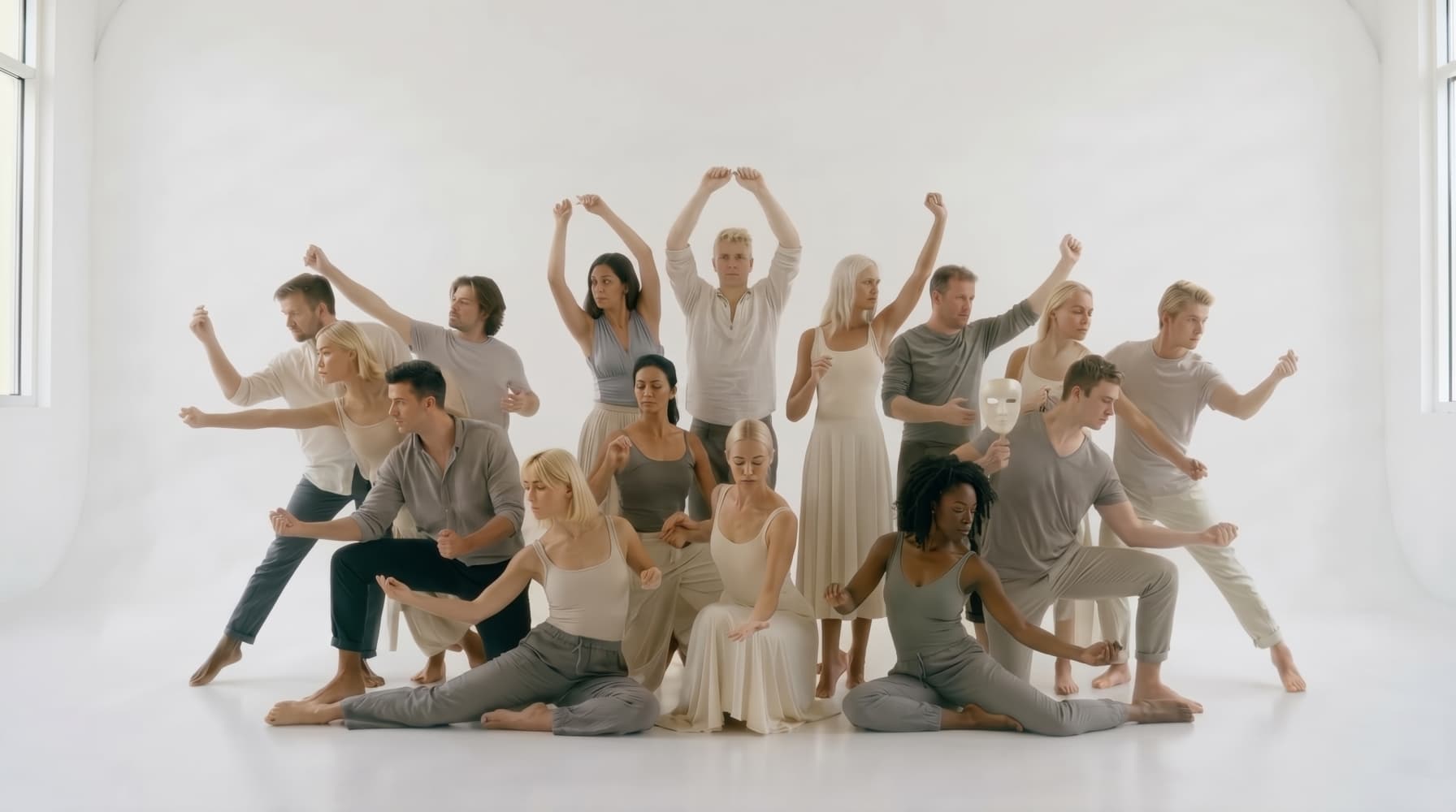 Contemporary dancers forming a connected human network, illustrating institutional cooperation within EURAN BRIDGES.