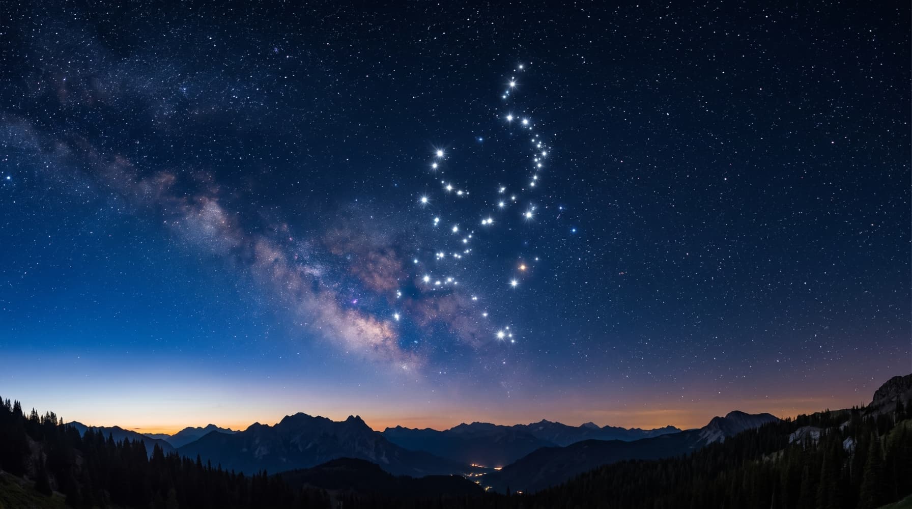 A luminous constellation above a mountain landscape, symbolising connected ideas and their application in the world