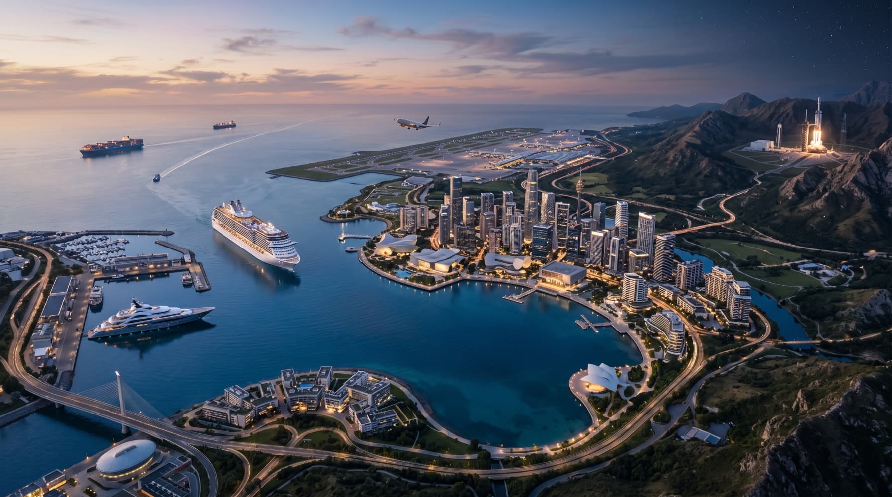 Interconnected global industries including shipping, cruise, superyachts, aviation, real estate, hospitality and space